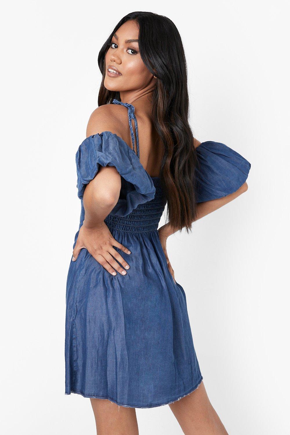 Boohoo denim off the shoulder clearance dress